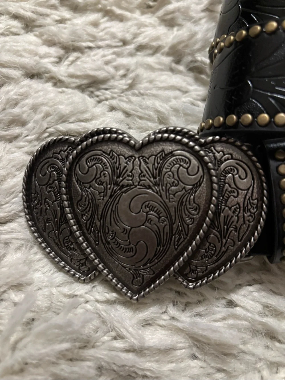 Men’s Vintage Black Leather Studded Embossed Belt with Heart Buckle Size L/XL